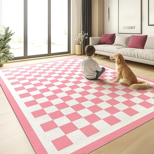 Washable 4x6 Checkered Area Rug for Living Room, Pink Checkerboard Modern Boho Large Rugs, Ultra Thin Low Pile Lightweight Soft Indoor Carpet with Non-Slip Backing for Bedroom Kids Nursery Play Room