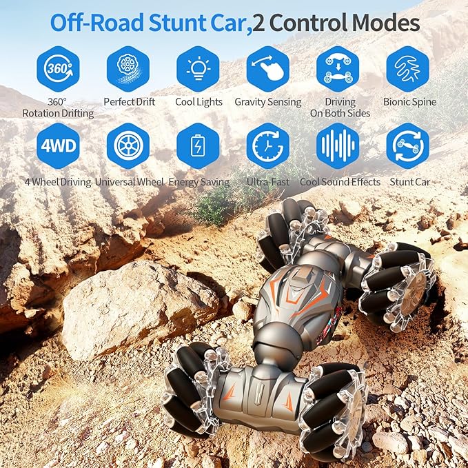 Deejoy 1:12 RC Stunt Car, 2.4GHz 4WD Remote Control Gesture Sensor Toy Cars, Double Sided Rotating Off Road Vehicle 360° Flips with Lights Music, for Boys & Girls Birthday（Black Silver）