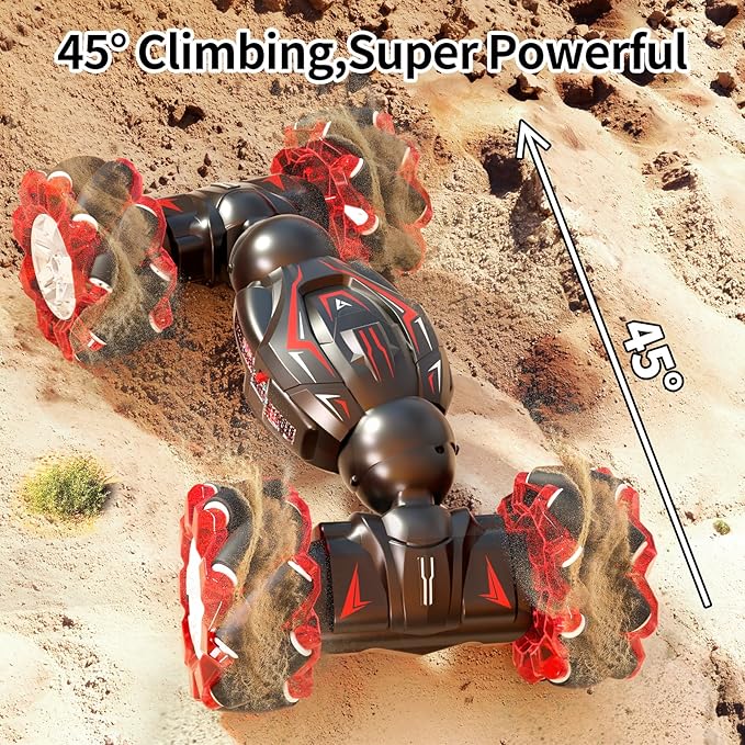Deejoy 1:12 Red RC Stunt Car, 2.4GHz 4WD Remote Control Gesture Sensor Toy, Double Sided Rotating Off Road Vehicle 360° Flips with Lights Music, Cars for Boys & Girls Birthday