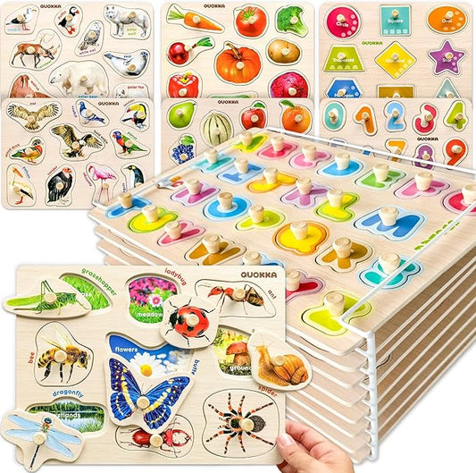 QUOKKA Wooden Puzzles for Toddlers 1-3 - 8XSET Toddler Puzzles Ages 2-4 with Rack - Learning Alphabet, Numbers and Animals Toy Puzzles for Toddlers 3-5 - Wood Games Gift for Boys and Girls