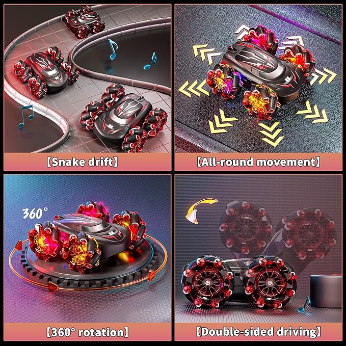 Gesture Sensing RC Stunt Car with LED Lights, Double-Sided Flips Driving 360° Rotating, Sidesway, 2.4GHz 4WD Hand Controlled Remote Control Car for Boy 4-7, 8-12, Birthday Gift for Kids (Red)