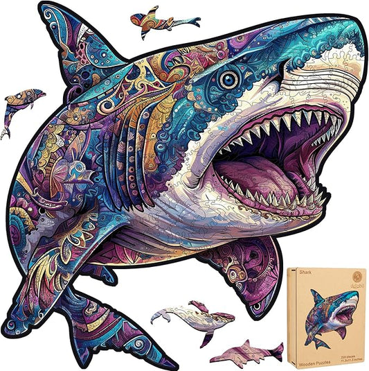 Wooden Puzzles for Adults, Shark Jigsaw Puzzles 200 Pieces, Unique Shape Puzzles with Wooden Box, 11.3 x 11.3 Inches Medium Size Family Game Gift, Fun Challenging Puzzles for Adults and Kids