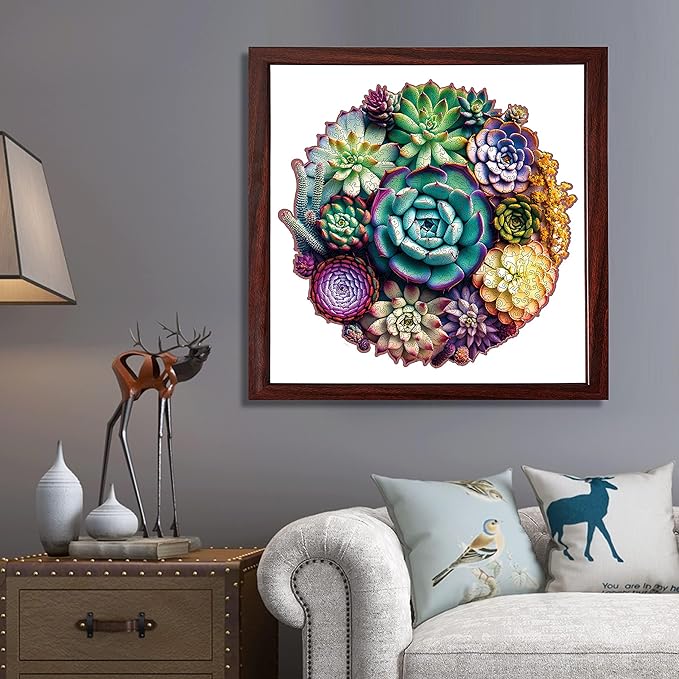 delobi Mandala Succulent Wooden Puzzles, 200 Pieces Jigsaw Puzzles 11.3'' x10.9'', Unique Design Liberty Wooden Puzzles for Adults and Kids, Family Game Gift Medium Size