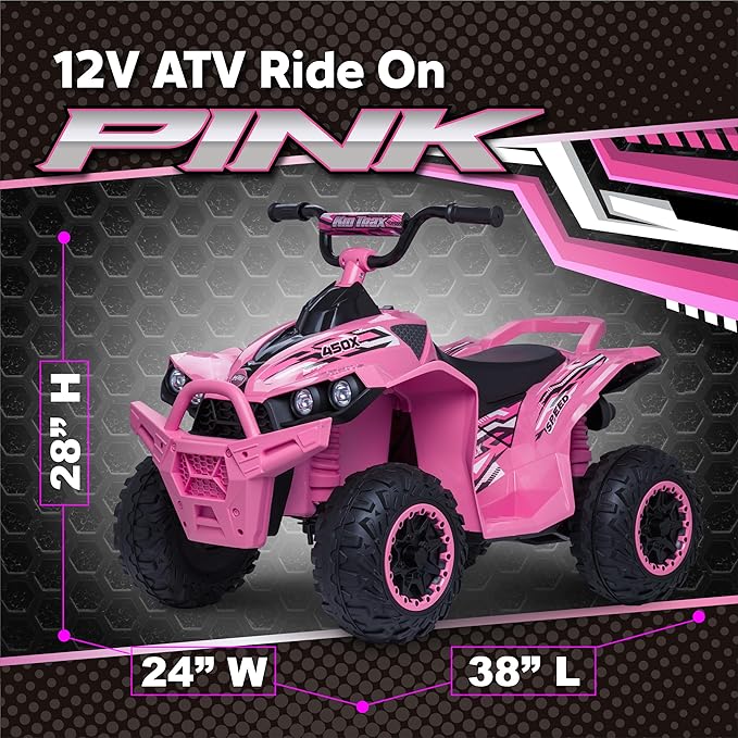 Kid Trax Toddler ATV 12V Ride On Toys - Quad ATV, Electric 4 Wheeler, Reverse and Forward, Kids' Electric Vehicle, Quad Car ATV w/ 2 Speed, Led Headlights, 4 Wheeler, Max Weight 77 lb, Ages 3-8, Pink