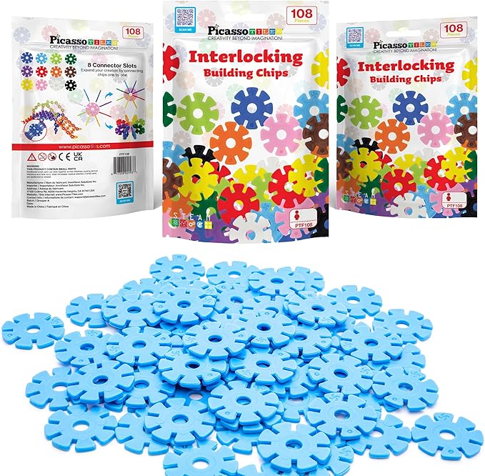 PicassoTiles Building Chip Interlocking Disc Construction Blocks in Light Blue Color STEM Learning Early Education Toy Engineering Playset Child Brain Development for Toddlers Child Kids Age 3+ PTF108