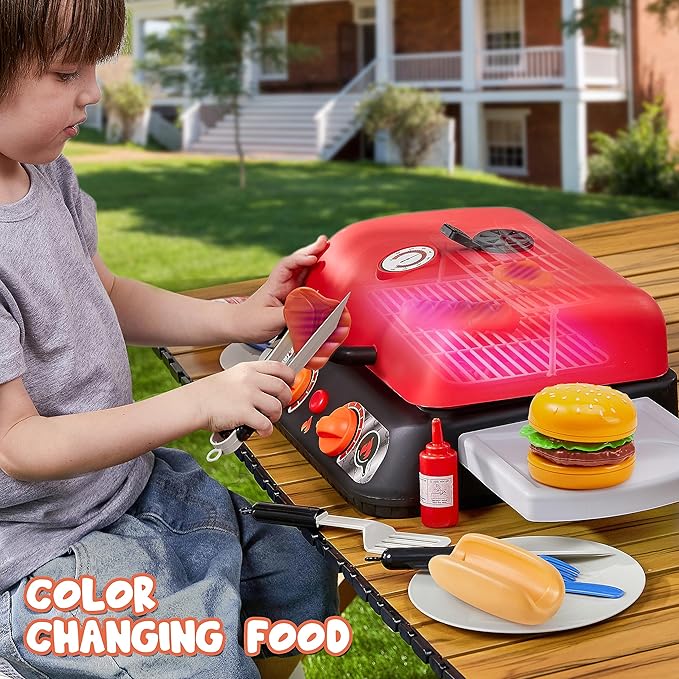 Kids BBQ Grill Playset, Kitchen Toy Set with Pretend Smoke, Light, Sound & Color-Changing Food, Play Kitchen Accessories, Indoor Outdoor Cooking Toy for Boys Girls Kids Birthday Gift