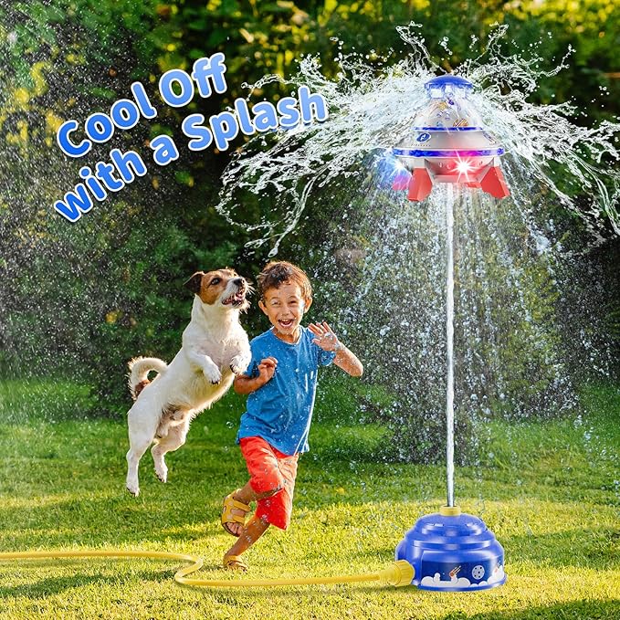 UFO Water Sprinkler for Kids, Water Rocket Toy Outdoor Summer Play W/Light & Spin, Adjustable Height Water Launcher, DIY Space Sticker, Backyard Lawn Gift for Girls Boys 3-12 Year Old Blue