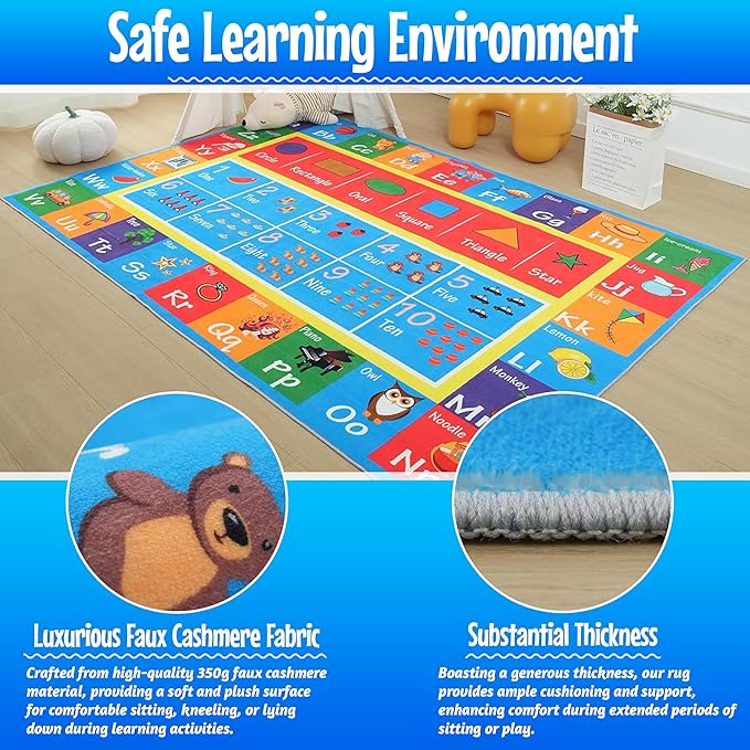 Hudson Comfort Classroom Rug 8x10 - Rugs for Elementary, Daycare, Nursery, and Playroom - Super Soft Non-Slip Carpet - Kids Fun Floor Mat for Playtime (Alphabet)