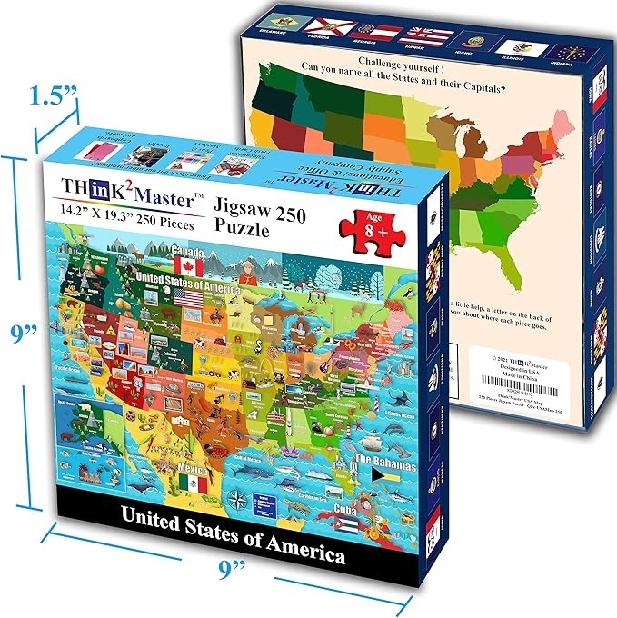 Think2Master United States Map 250 Pieces Jigsaw Puzzle Fun Educational Toy for Kids 8-10 10-12, School & Families. Great Gift for 8+ to Stimulate Learning of USA. Size: 14.2” X 19.3”