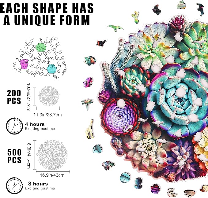 Wooden Jigsaw Puzzles - Mandala Succulent Plants, 200 Piece Luxurious Shaped Wooden Puzzles for Adults and Kids, Family Game, Medium 11.3'' x 10.9''