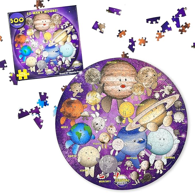 Celestial Buddies So Many Moons! 500 Piece Jigsaw Astronomy Space Puzzle and Poster for Ages 8+ | Educational 23 Moon Poster for Science STEM Learing