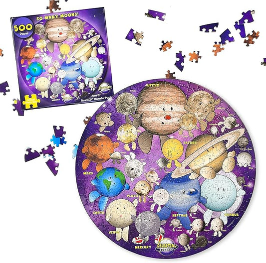 Celestial Buddies So Many Moons! 500 Piece Jigsaw Astronomy Space Puzzle and Poster for Ages 8+ | Educational 23 Moon Poster for Science STEM Learing