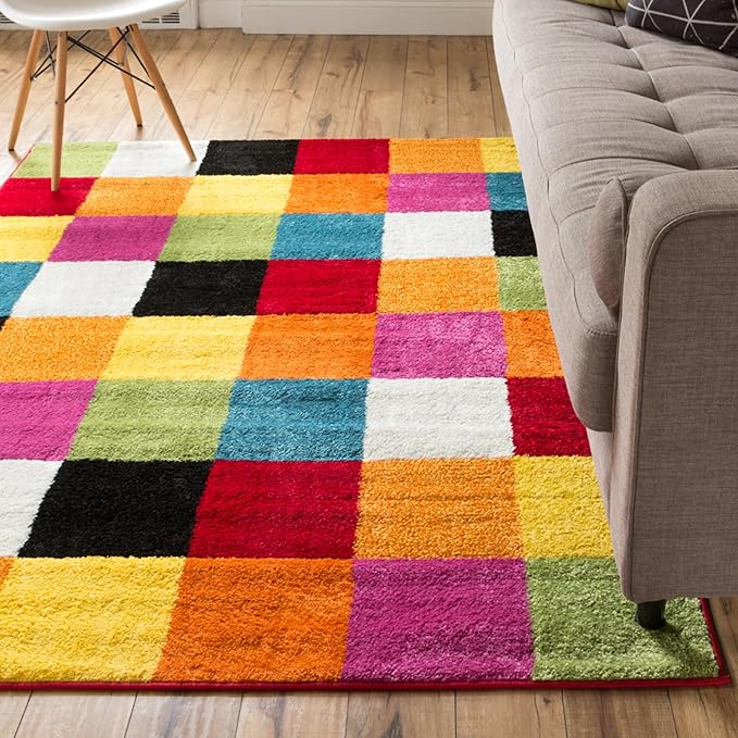 Modern Squares Multi Geometric Area Rug (7'10" x 10'6") Abstract Checkerborad Boxes Bright Living Kid RoomPlayroom Nursery Bedroom Carpet Soft Durable Stain Fade Resistant Shed Free Easy Clean