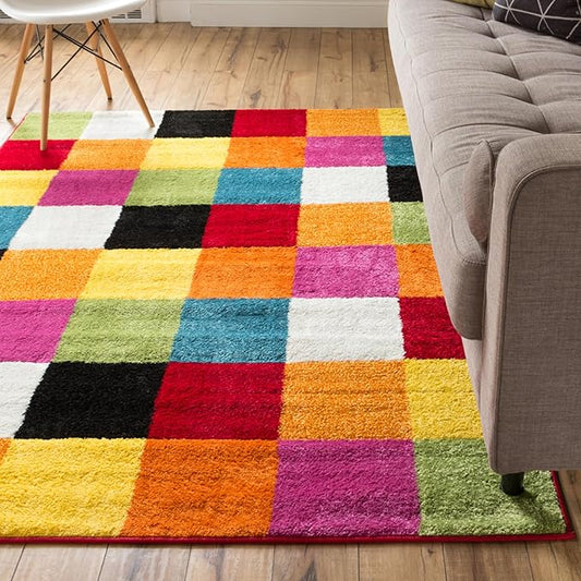Modern Squares Multi Geometric Area Rug (7'10" x 10'6") Abstract Checkerborad Boxes Bright Living Kid RoomPlayroom Nursery Bedroom Carpet Soft Durable Stain Fade Resistant Shed Free Easy Clean