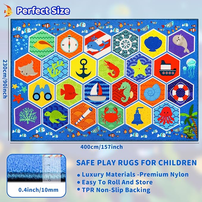 Large Classroom Rug 4×6 Hexagons 24 Seats Ocean Themed Kids' Carpet Kid Rug 13.3'×7.7' Educational Play Mat for Interactive Learning Preschool Rugs for Classroom Learning Area 157"×91"