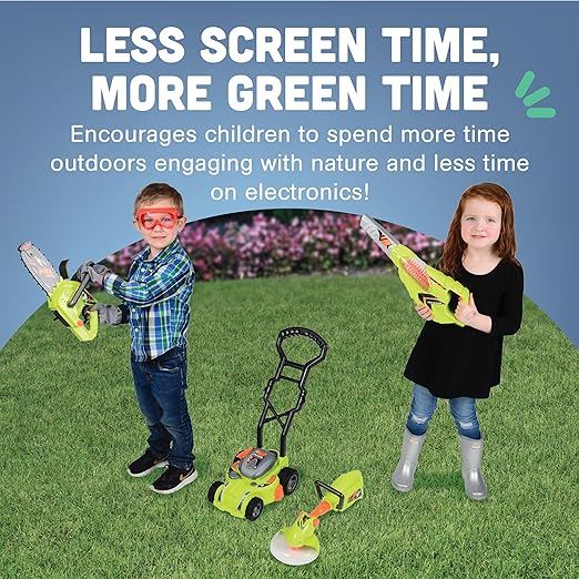 CP Toys 6-Piece Power Gardening Toy Set for Kids Ages 3+, Child Size Indoor/Outdoor Play Kids Tool Set with Leaf Blower, Chainsaw, Lawn Mower, and More, Green