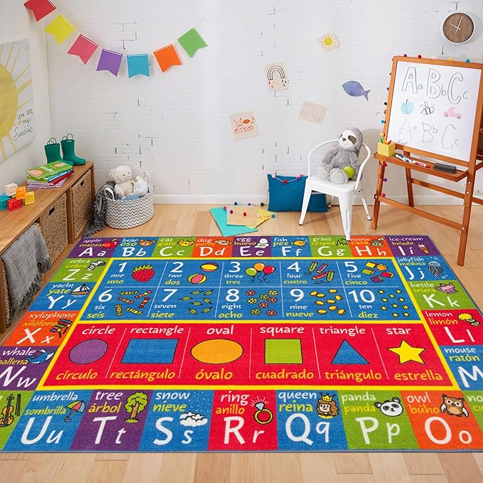 KC Cubs ABC Alphabet, Seasons, Days + Spanish Translations Educational Learning Game Play Boy & Girl Kids Area Rug Carpet for Children Bedroom, Toddler Classroom, & Baby Playroom Floor Activity Mat