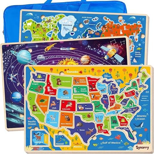 SYNARRY Large USA World Solar System Wooden Puzzles for Kids Ages 4-6, Wood Jigsaw Puzzles Educational Games Toys Gifts for Toddlers, Learning United States World Space Maps for Boys Girls Ages 3-8