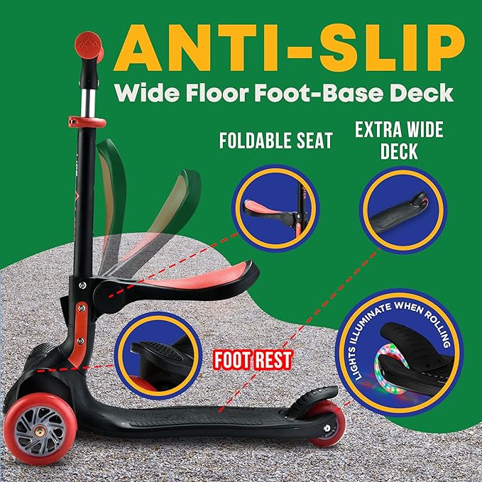 Kids Scooter – Foldable Seat – LED Wheel Lights Illuminate When Rolling – Children and Toddler 3 Wheel Kick Scooter – Adjustable Handlebar – Indoor and Outdoor- by Lifemaster