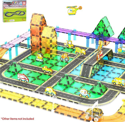 PicassoTiles Magnet Tile Car Track Adventure Theme Printed Street Road Runway Speedway Highway Magnetic Building Tiles Block Construction Pretend Play Playset STEM Education Learning Kit Kids 3+ PTE16