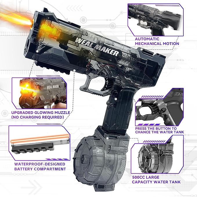 2025 Electric Water Guns 2-Pack with LED Light-Up Muzzle – Automatic Squirt Guns, 500CC Tanks, 28FT Range, Dual Rechargeable Batteries, Waterproof, Perfect for Nighttime Pool Parties & Outdoor Fun
