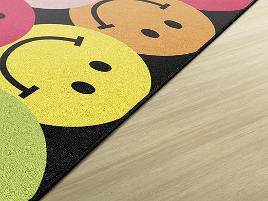 Flagship Carpets Schoolgirl Style Big Rainbow Smiley Faces Educational Area Rug for Kids Room Seating Décor, Children's Classroom, Play Carpet for Teaching and Playroom, 5' x 7'6", Black & Multi