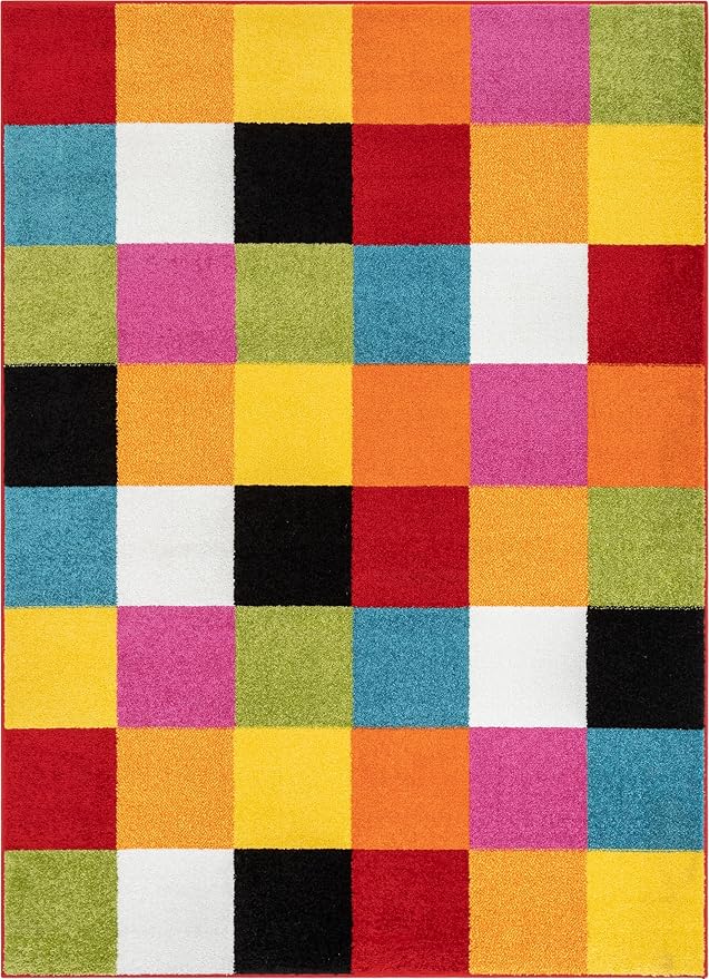 Modern Squares Multi Geometric Area Rug (7'10" x 10'6") Abstract Checkerborad Boxes Bright Living Kid RoomPlayroom Nursery Bedroom Carpet Soft Durable Stain Fade Resistant Shed Free Easy Clean