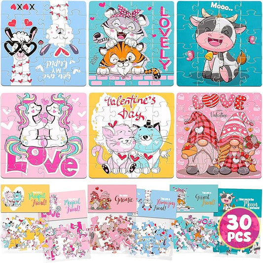 MOVINPE Valentines Day Gifts for Kids - 30 Pack Jigsaw Puzzle with Valentines Cards Headers for Kids - Valentine Day Exchange Gift Puzzle Classroom Prizes for Girls Boys School Class Bulk