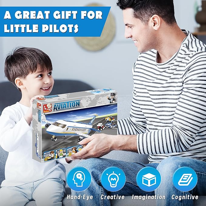 City Passenger Airplane Building Set, 4 in 1 STEM Toy with a Large Plane, Passenger Bus, Luggage Truck, Container Loader, and 7 Minifigures, Compatible with Lego Plane, Airport Gift for Boy 6+