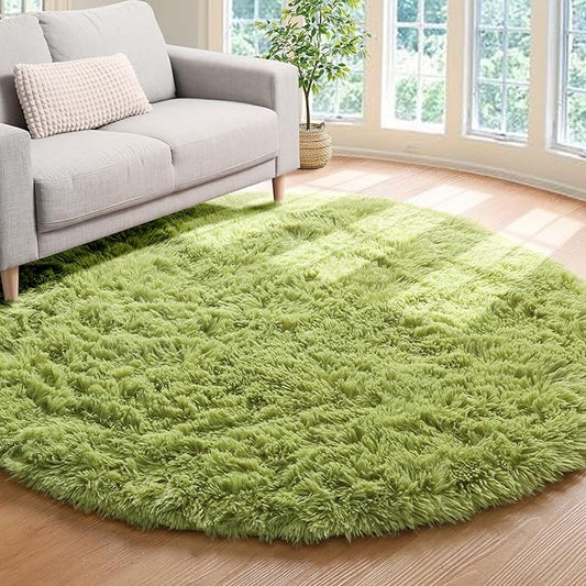 ONASAR Grass Green Round Area Rug 4ft, Soft Bedroom Circle Rugs Floor Mat for Kids Girls Teen Room, Cute Fluffy Plush Shaggy Carpet for Baby Nursery Living Room Playroom Dorm Home Decor