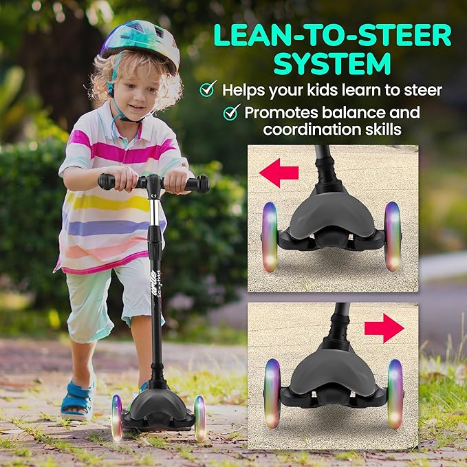 Hurtle Mini Kickboard Scooter for Kids – Height Adjustable 25-28 Inches, 3-Wheel Toddler Micro Scooter with LED Light-up Wheels, Lightweight Riding Toy, Non-Slip, Indoor/Outdoor Fun, Ages 2-5 (Pink)