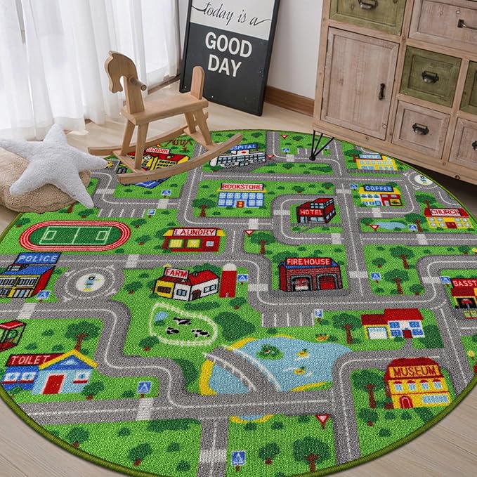 Capslpad Green Car Road Kid Rug Carpet Playmat for Playoom Traffic Road Kids Play Mat for Toddler Non Slip Washable City Map Race Track Carpet Rug for Kids Room Bedroom Nursery Room Decor,6.6'x6.6'