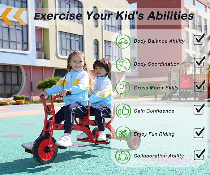 Kids Tricycles for Preschoolers Ages 3+, Ideal Outdoor Playground & Daycare Yard Trike with Passenger Seat, Durable Metal Pedal Kids Tandem Tricycles, Sturdy Carbon Steel Frame, Solid Rubber Tires