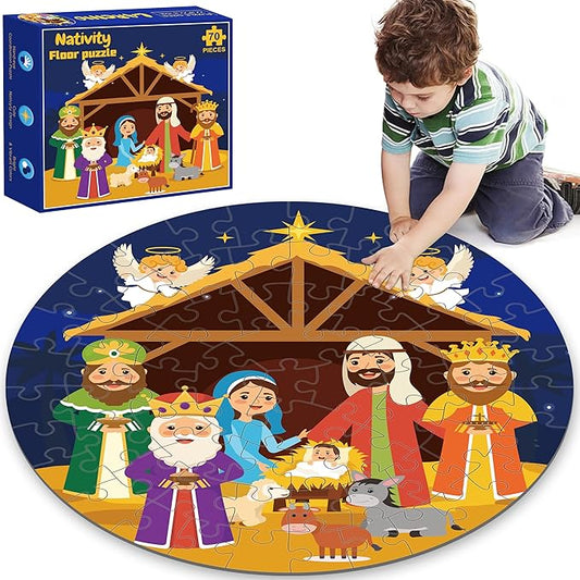 Nativity Scene Floor Puzzles for Kids Age 4-8, 70pcs Large Christmas Nativity Jigsaw Puzzles Educational Kids Puzzles Ages 3-6 for Kids Boys Girls