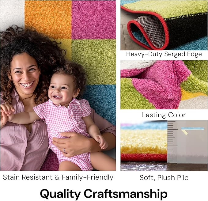 Modern Squares Multi Geometric Area Rug (7'10" x 10'6") Abstract Checkerborad Boxes Bright Living Kid RoomPlayroom Nursery Bedroom Carpet Soft Durable Stain Fade Resistant Shed Free Easy Clean