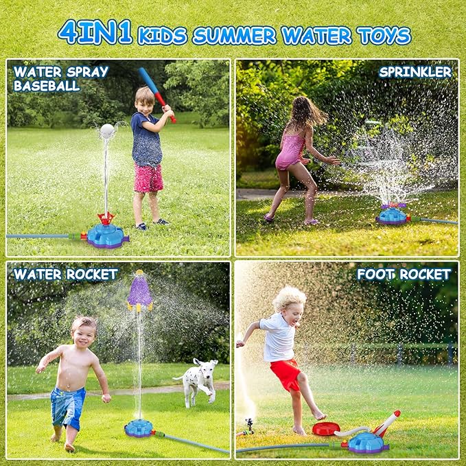 4-in-1 Sprinkler Toys for Kids, Water Outdoor Baseball Rocket Launcher Toy with Water Sprinkler Baseball Toy, Kids Outdoor Sprinkler for Summer Backyard Lawn Pool Party for Ages 3-8 (Blue)