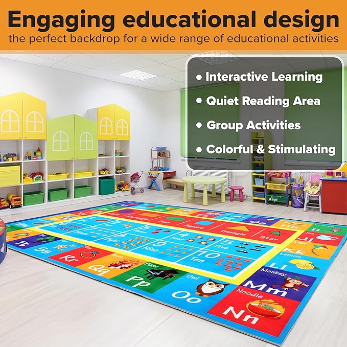 Hudson Comfort Classroom Rug 9x12 - Rugs for Elementary, Daycare, Nursery, and Playroom - Super Soft Non-Slip Carpet - Kids Fun Floor Mat for Playtime (Alphabet)