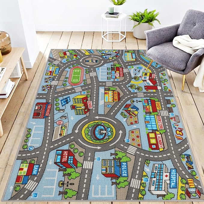Kids Rug 3'3" x 5'2" City Life Playmat Area Rug Car City Map Washable Traffic Road Educational Learning Nursery Rug Carpet for Children Playroom Living Room Bedroom Classroom Decor Blue