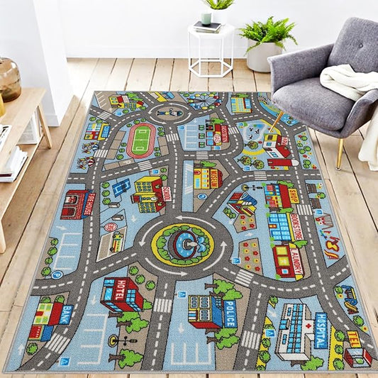 Kids Rug 3'3" x 5'2" City Life Playmat Area Rug Car City Map Washable Traffic Road Educational Learning Nursery Rug Carpet for Children Playroom Living Room Bedroom Classroom Decor Blue