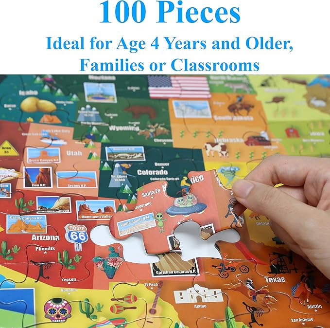Think2Master Colorful United States Map 100 Pieces Jigsaw Puzzle Fun Educational Toy for Kids, Adults, School & Families. Great Gift for Boys & Girls Ages 4-8 to for Learning USA.23.4” X 16.5”