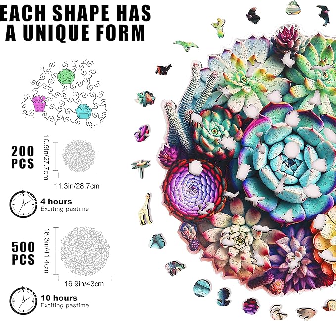 Wooden Jigsaw Puzzles - Mandala Succulent Plants, 1000 Piece Luxurious Shaped Wooden Puzzles for Adults and Kids, Family Game, 23.4'' x 22.6''