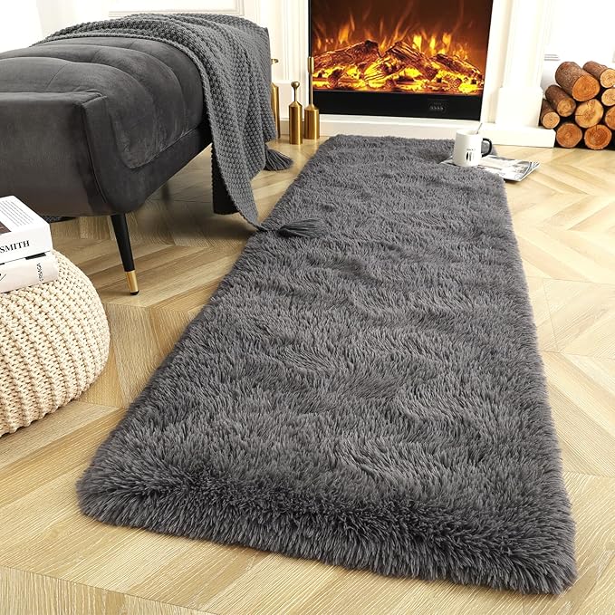 Ompaa Fluffy Runner Rugs, Super Soft Shaggy Carpet Fuzzy Long Fur Rug for Bedroom Living Room Dorm, Plush Kids Playroom Baby Girls Nursery Decor Mats, 2x4 Feet Dark Gray