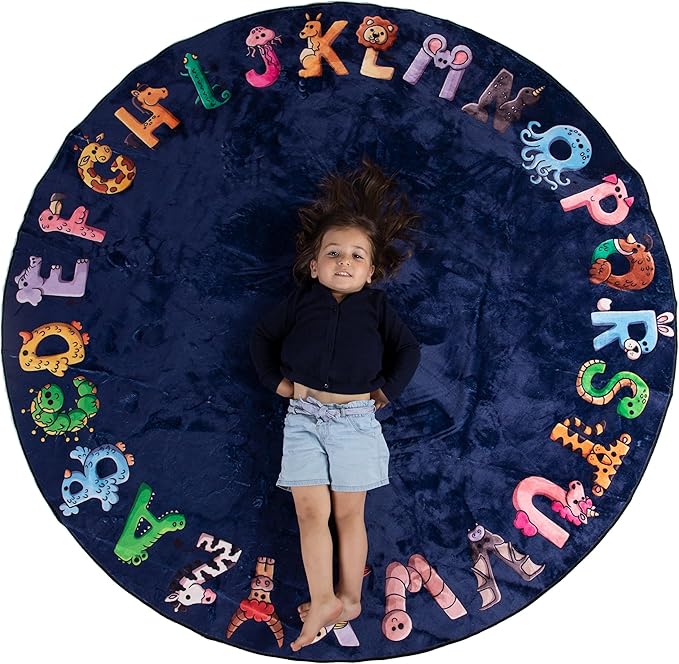 ABC Kids XL 6 ft Alphabet Rug - Nursery & Classroom - Circle Blue