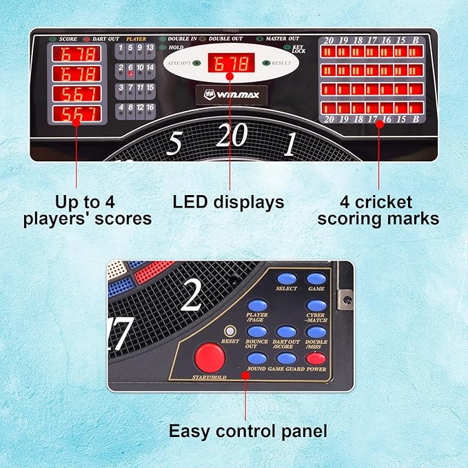 WIN.MAX Electronic Dart Board Cabinet Set, LED Electric Digital Soft Tip Dart Boards for Adults with Cabinet, up to 16 Players, 38 Games and 211 Variations with 12 Soft Tip Dartboard Set