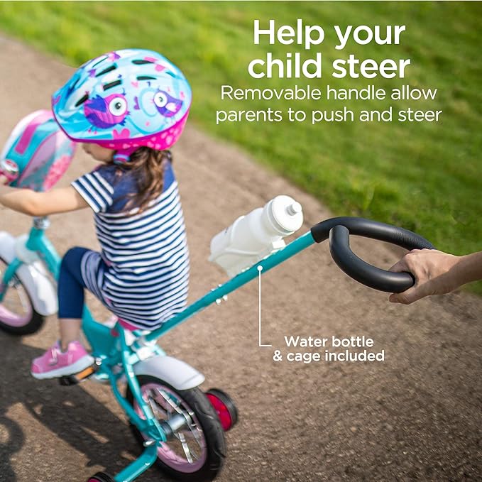 Schwinn Grit and Petunia Push Steer and Ride Kids Bike, For Boys & Girls Ages 2-4 Year Old, Rider Height 28-38 Inch,12-Inch Wheels, Training Wheels, Detachable Push Handle with Water Bottle & Holder