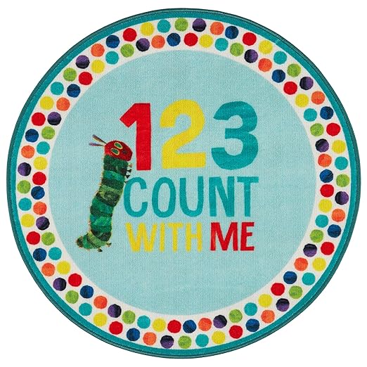 Eric Carle "The Very Hungry Caterpillar Elementary 123 Count with Me Kids Machine Washable Area Rug, Blue/White, 35" Round