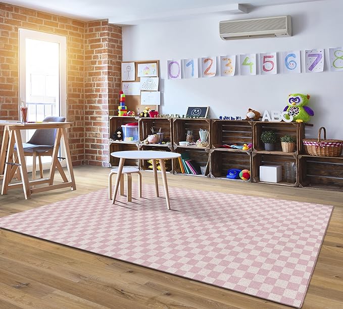Flagship Carpets Schoolgirl Style Pink Checkerboard Educational Area Rug for Kids Room Seating Décor, Children's Classroom, Play Carpet for Teaching and Playroom, 7'6" x 12', Pink