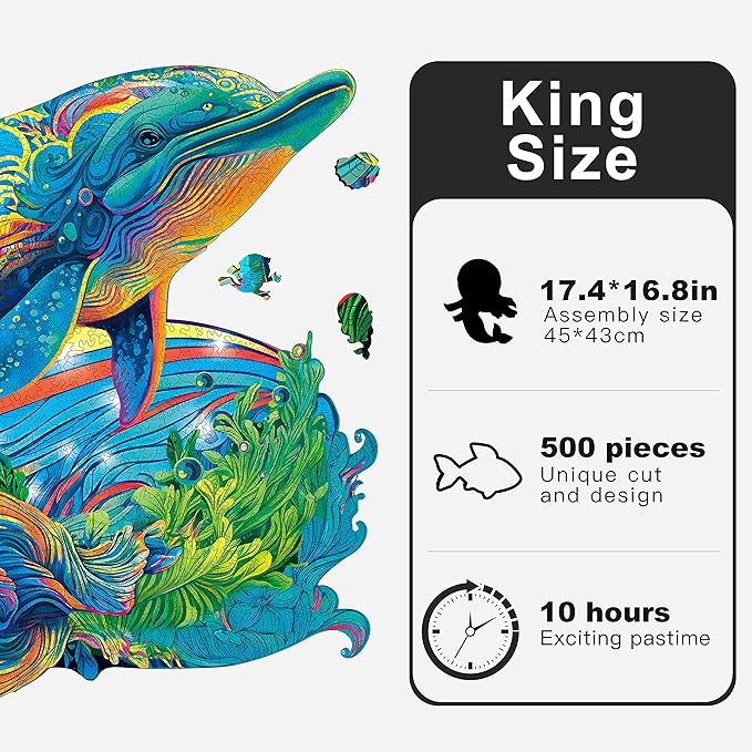 Wooden Puzzles, Dolphin Jigsaw Puzzles 500 Pieces, Unique Shaped Wooden Puzzles for Adults and Kids, Family Game 17.4 x 16.8 Inch