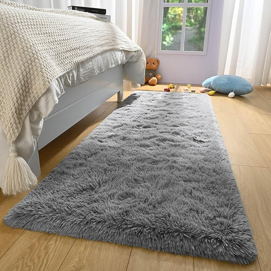 Grey Fluffy Runner Rug for Bedroom Living Room 2x6 Soft Carpet, Long Shaggy Rugs Non Slip for Bedside Dorm Classroom Kids Boys Girls Room Nursery Home Decor