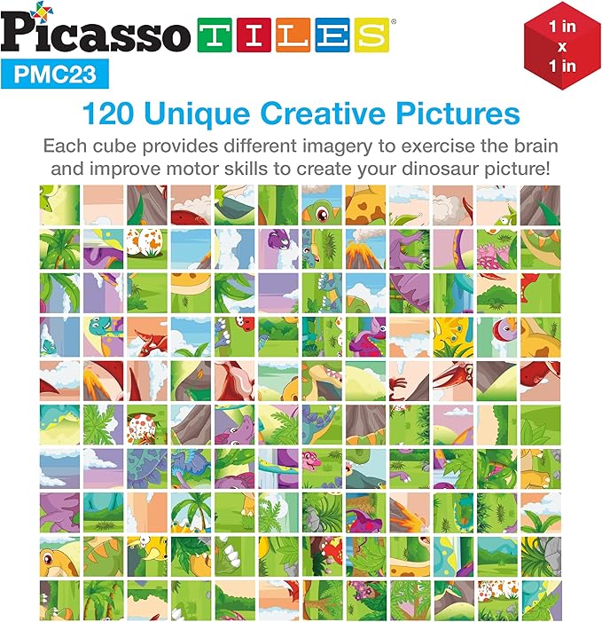 PicassoTiles Magnetic Cube Puzzle 6-in-1 Dinosaur Theme Pattern Magnet Brain Teaser Building Cubes 120 Pictures Toy Set Kids Ages 3 & Up Preschool Children Promote Problem Solving Skills PMC23